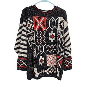 Vintage Renaissance Sweater Black Red Knit Native American Inspired Pullover M